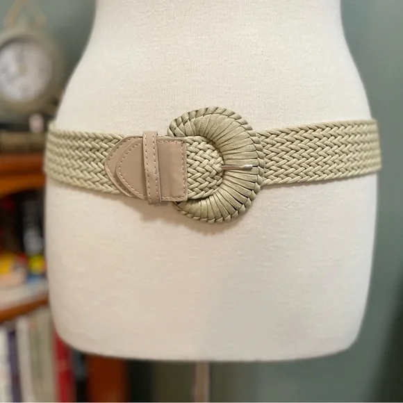 Vintage Leather & Woven Fabric Mixed Media Wide Belt Large Buckle Tan Beige il_fullxfull.7657200337_h39y.jpg main image 4